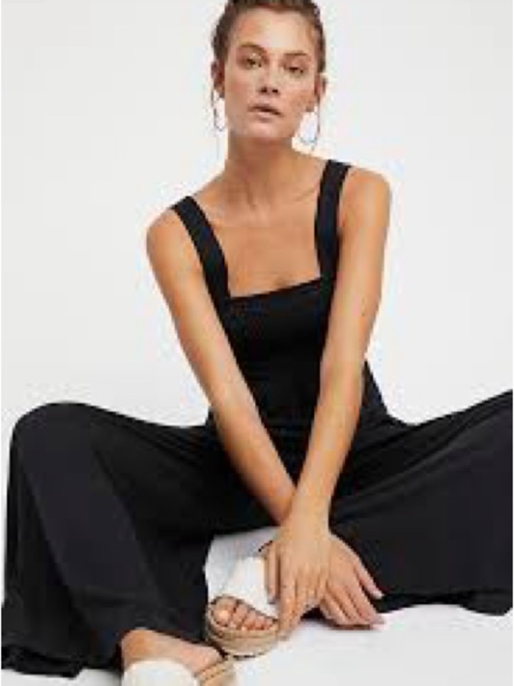 Free People FP Beach Homecoming Black Smocked Linen Blend wideleg Jumpsuit Sz XS